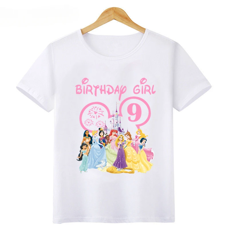 2024 New Disney Princess Graphic Birthday Girl Kids T Shirt Age 1 2 3 4 5 6 7 8 9 Years Girls Clothes Party Kawaii Baby T-Shirts