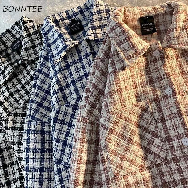 Houndstooth Shirts Women Coats Tops Vintage Loose Elegant Daily Chic All-match Autumn Winter Female Single Breasted Literary New