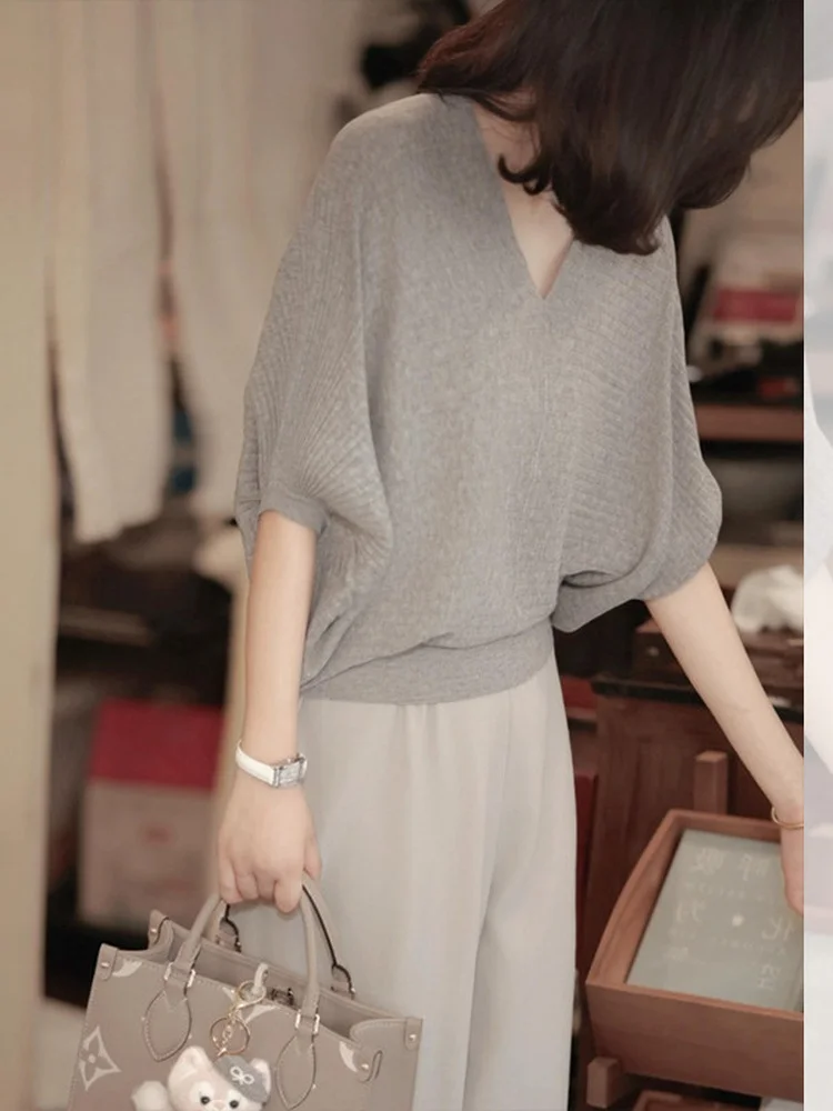 Loose Women's Grey V-Neck Batwing Sleeve Knitwear Casual Summer Top Commute Style Comfortable Fit Fashionable Loose Sweater