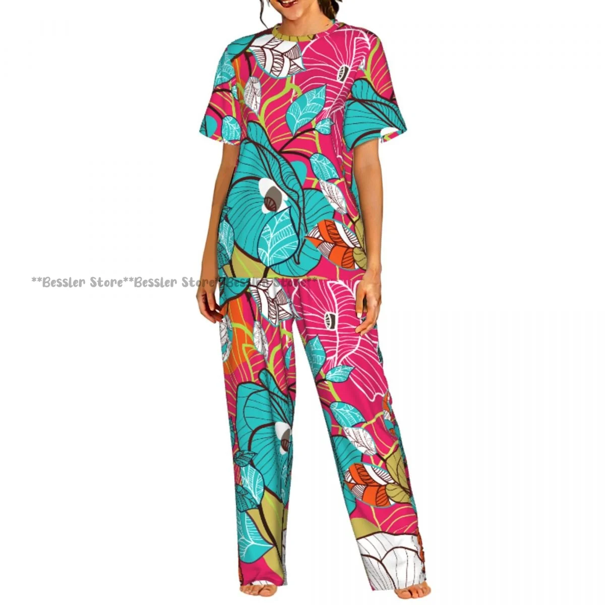Women's Comfort Pajamas Women's Colorful Floral Texture Short Sleeve Set Sleepwear