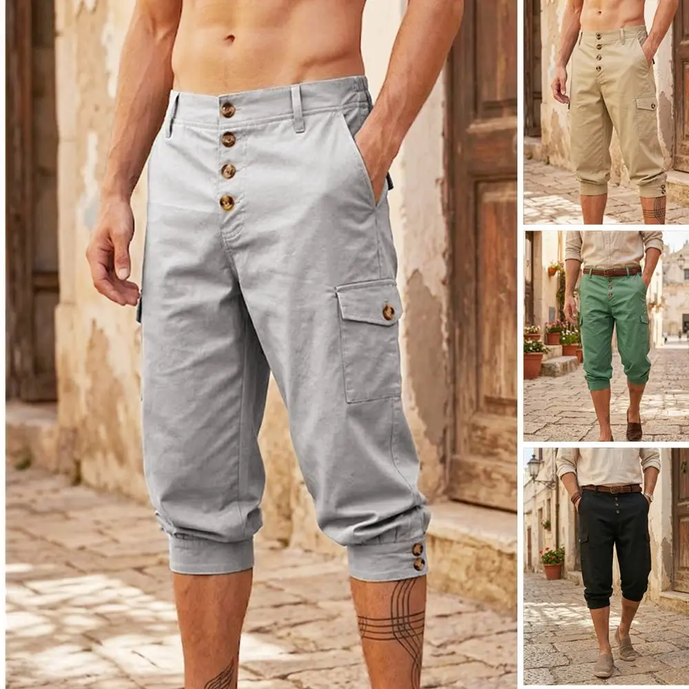 

Daily Leisure Breathable Cargo Shorts Men Spring Summer Fashion Knee-length Shorts For Mens Vintage Button-up Solid Color Shorts