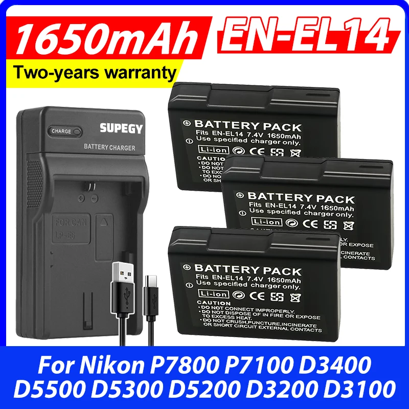 Batterie 1650mah EN-EL14 EN-EL14A pour appareil photo Nikon P7800 P7100 D3400 D5500 D5300 D5200 D3200 D3100 ENEL14 ENEL14A