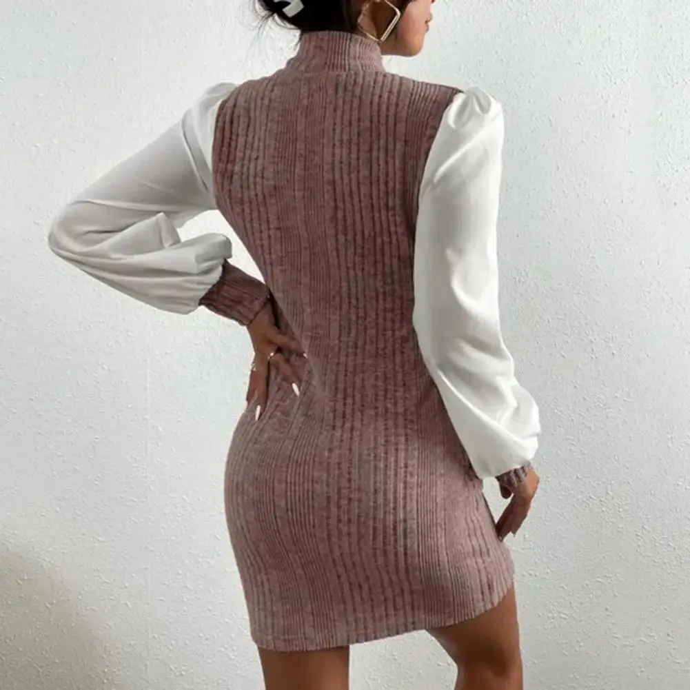 Women Dress Slim Fit Patchwork High Collar Ribbed Sheath Dress Contrast Color Long Sleeve Tight Waist Above Knee Commute Dress