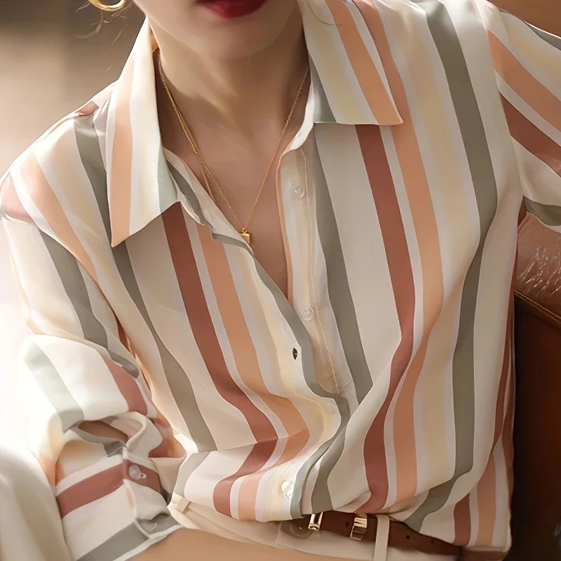Striped Print Button Front Shirt Casual Long Sleeve Shirt for Spring & Fall Women\'s Clothing Women Tops Blouse Women Shirt