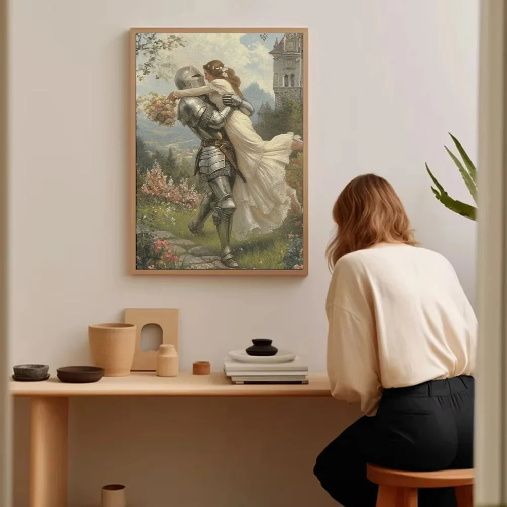 رومانسية القرون الوسطى فارس زوجين قماش جدار الفن القرون الوسطى الخيال صورة ديكور المنزل هدية