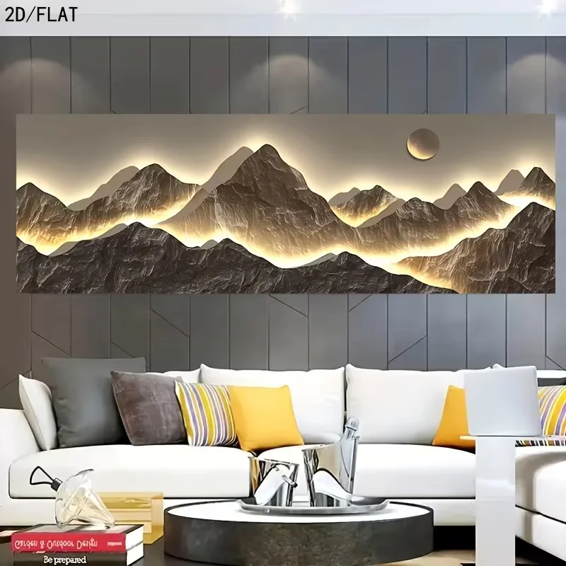 2D Flat 1pc, 2D Floor Plan, Minimalism, Modern Abstract Art, Mountain View, Sun, Neon Lights, Natural Landscape