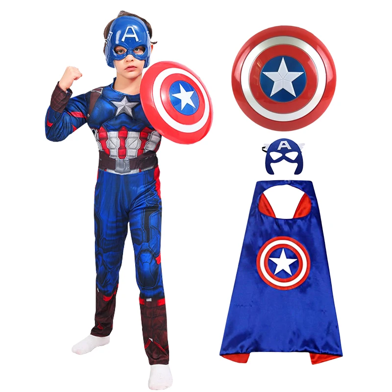 Costume musculaire Captain America pour enfants, combinaison de super-héros Captain America, combinaison de Cosplay, cape de bouclier, Costume d'halloween pour enfants