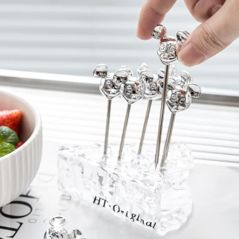 

Stainless Steel Fruit Fork Creative Fruit Toothpick Set Mouse Shape Cheese Base Small Cake Forks Metal Home Kitchen Utensils