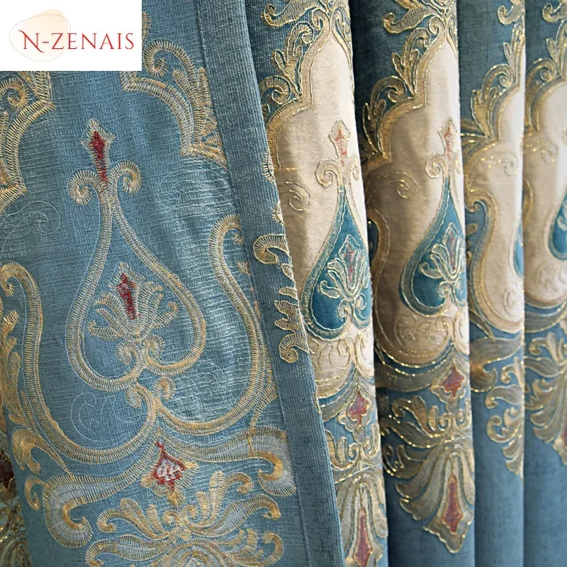 European Blue Embroidery Luxury Curtain For Living Room Dining Bedroom Blackout Decor Window Valance Elegant Chenille Elegant