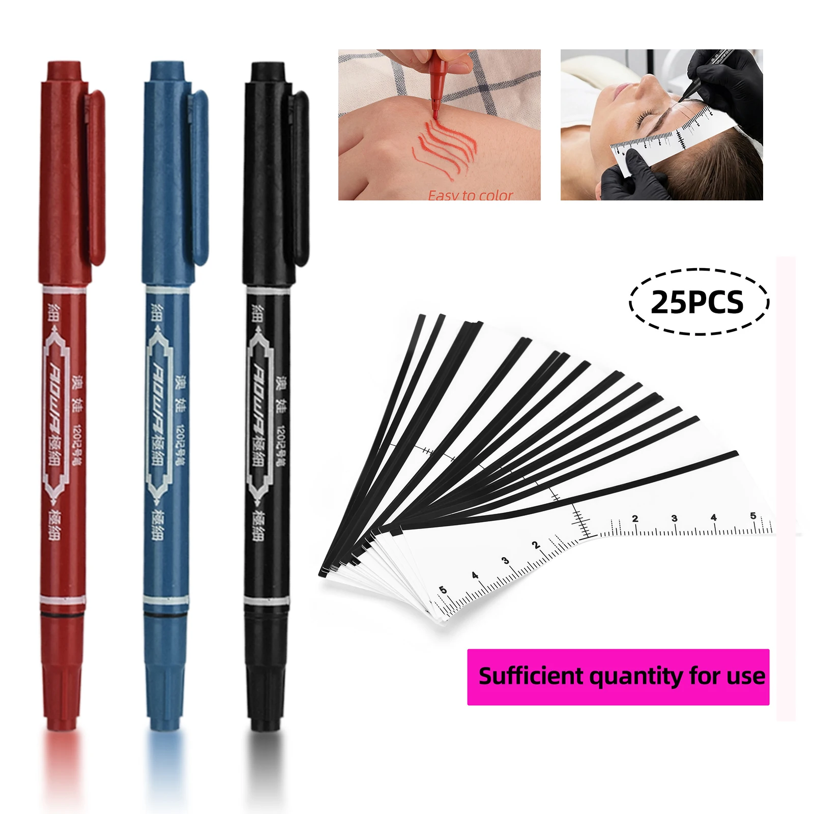 Disposable 25pcs Eyebrow Ruler Sticker Self-adhesive Eyebrow Tattoo Position Guide with Marker Pens Mapping Stencils Tool