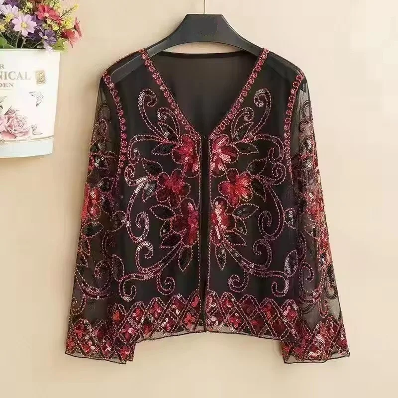 Women's Clothing Fashion Hollow-out  Sequined Lace Tops Spring Autumn New V Neck Printing T-Shirts Loose Chic Thin Mesh Outwear