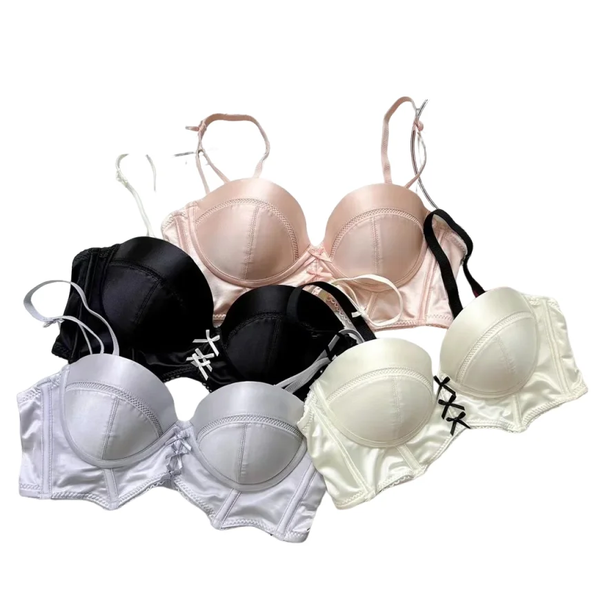 KUCLUT Retro Style Strapless Bra Panties Sets Women Sexy Underwear Small Chest Push Up Thicken Cotton Lingerie Girls Intimates