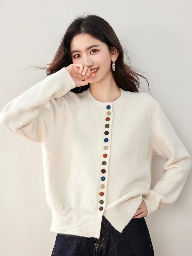 

Loose Women's Knitted Cardigan Sweater round Ne Button-Up Autumn Spring Beige Color Blo Casual Comfortable Warm Top