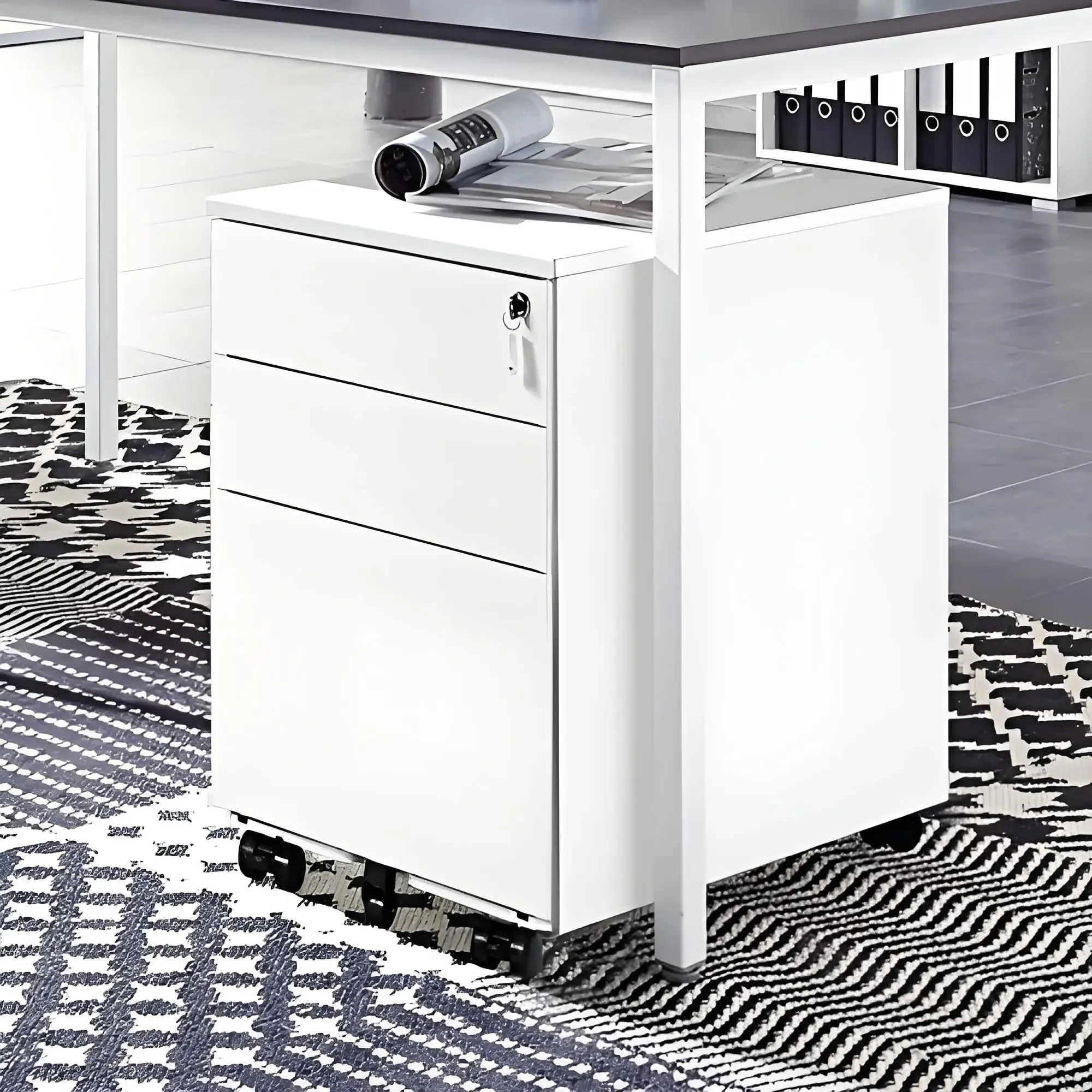 

Customizable 3 Drawers Mobile File Cabinet - 5 Wheels, Lock, Keys, Space-Saving, for A4 Documents