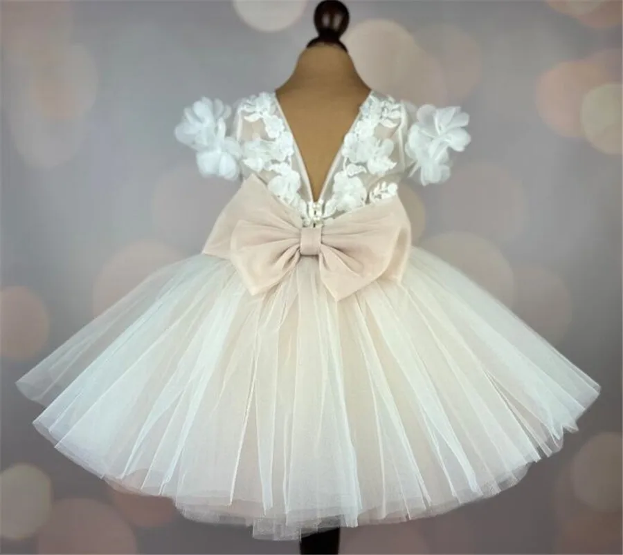 Ivory White Flower Girl Dress with Cap Sleeve Floral Lace Tulle Girl Christening Dress Toddler Birthday Dress Prom Party Gown