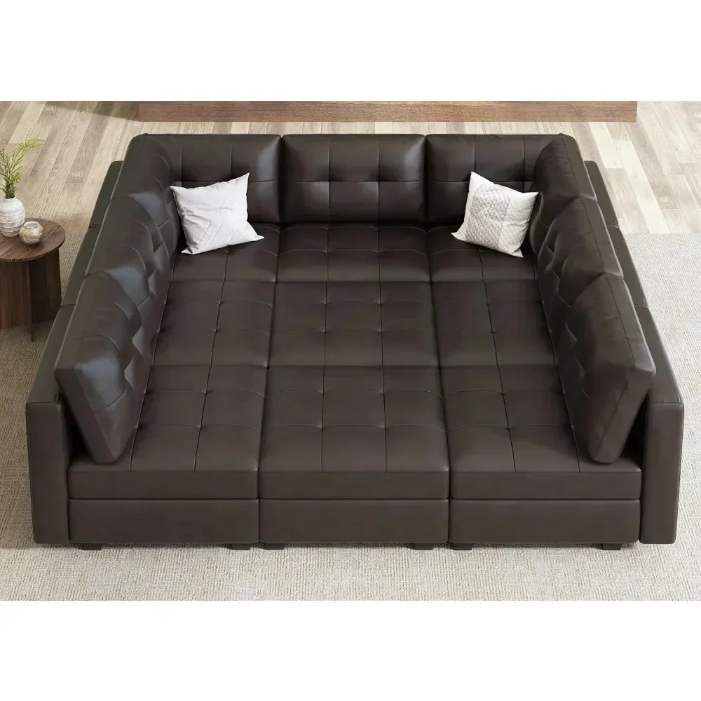 Sofa Faux Leather Modular Sleeper Sectional with Storage Seat, Brown, 9-Piece,  Modern, Rectangular Sofas & Couches