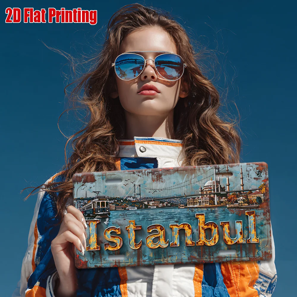 2D Flat,1pc, Vintage Metal Sign, Outdoor Wall Art (30cm X15cm), ISTANBUL Aluminum Sign with Cityscape and Mosque View,