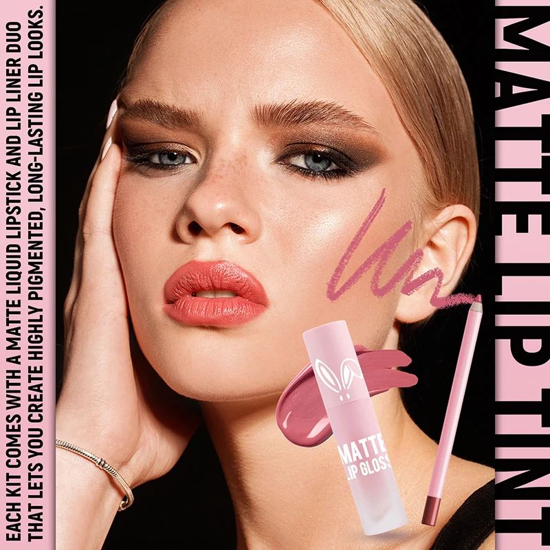 Conjunto de delineador labial fosco, à prova d'água e de longa duração, à prova de manchas, multicolorido e hidratante, esmalte labial + delineador labial