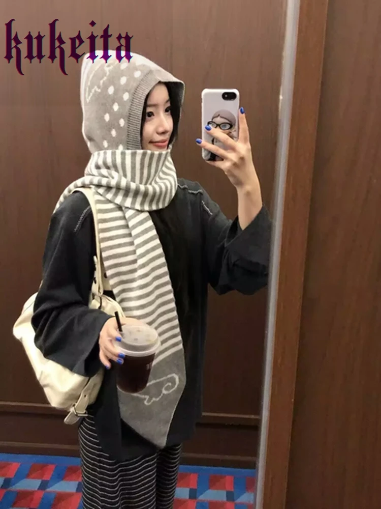 Kukeita Women Knitted Hooded Scarf Korean Chic Streetwear Winter Warm Wings Polka Dots Striped Hat Scarf Outdoor Windproof