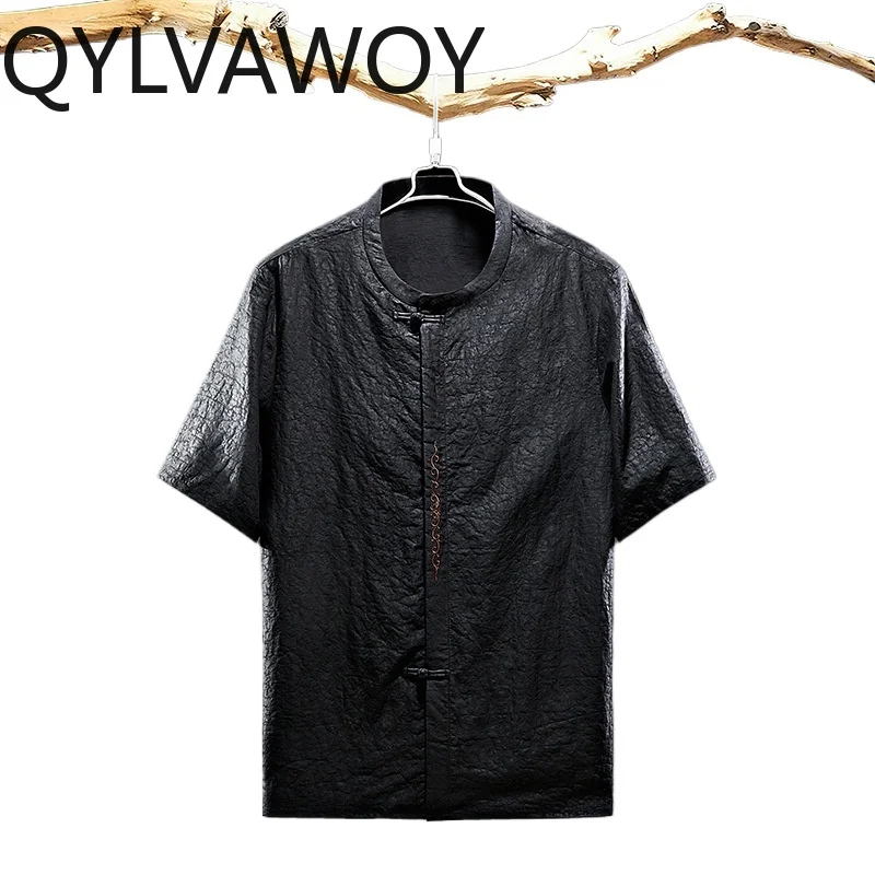 QYLVAWOY High Quality 100% Natural Mulberry Silk Shirt for Men Round Neck Short Sleeve Shirts Real Silk Black Shirt Man Clothes