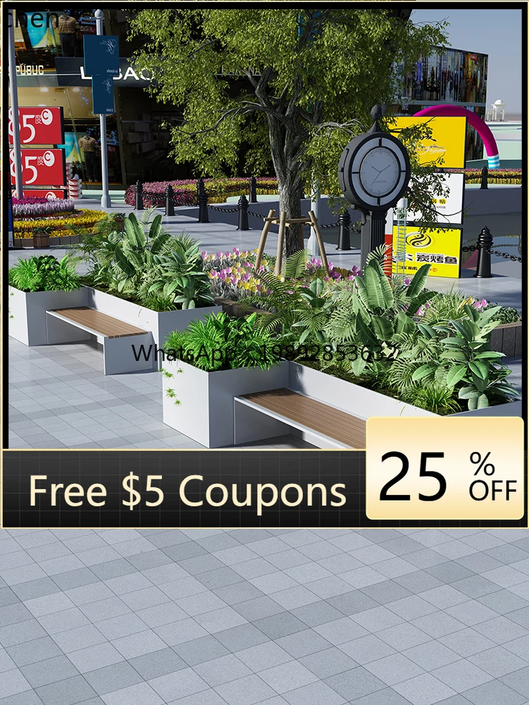 W1  stainless steel seat integrated square commercial street rest stool landscape flower pool wrought iron flower groove