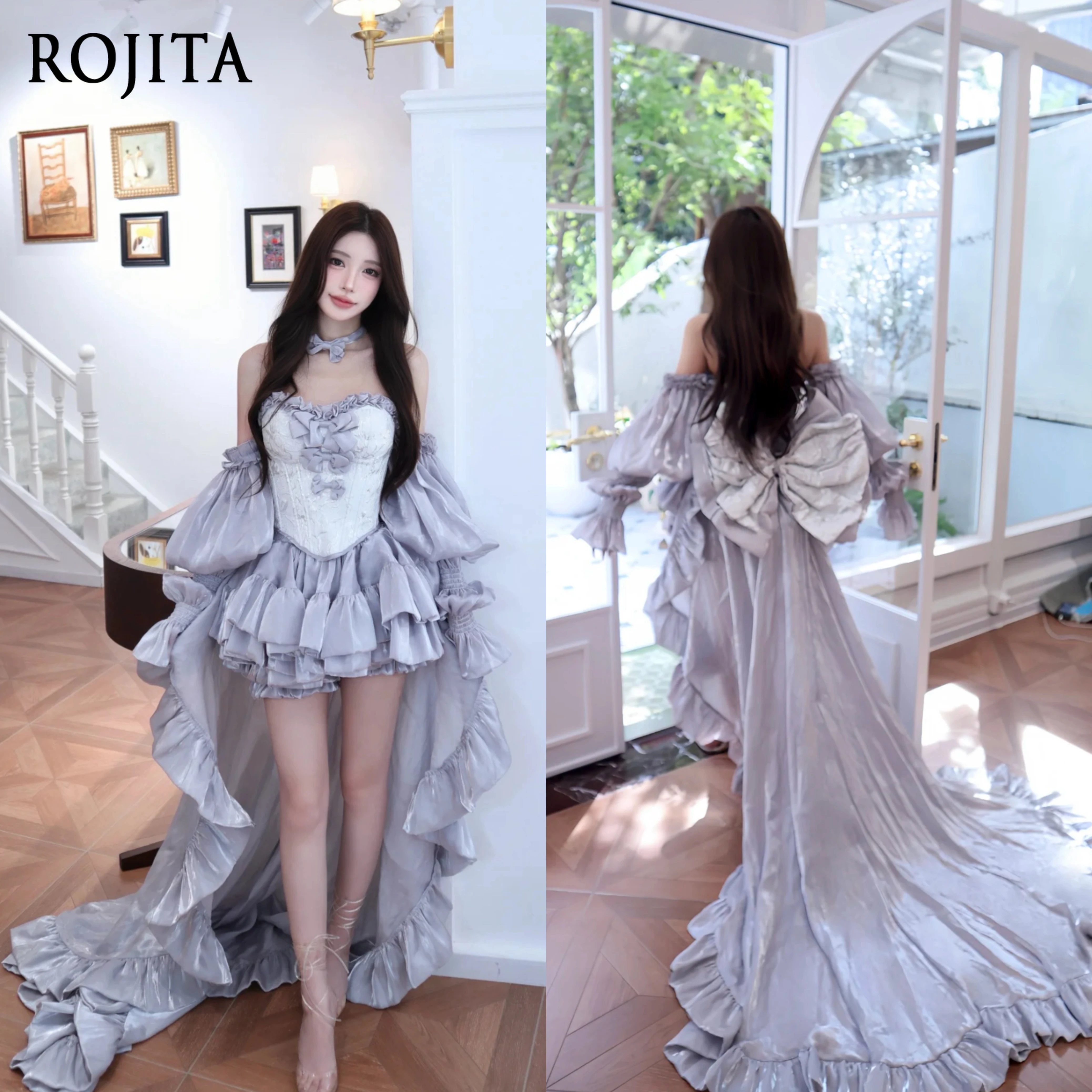 

Silver White Women's Fishbone Top and Skirt High-end Socialite Birthday Skirt Sets Princess Puffy Skirt Full Set