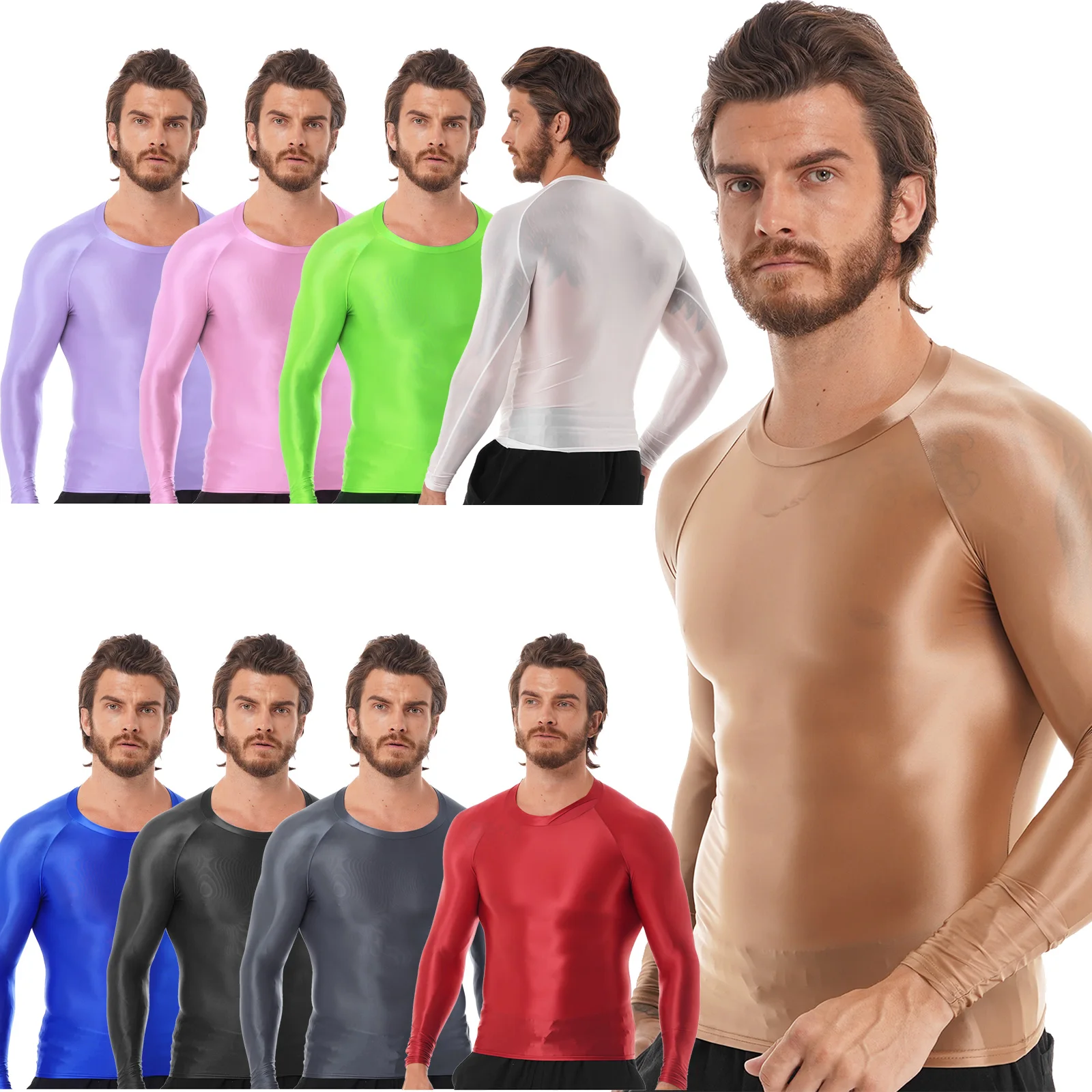 Mens Glossy Sports Tops Long Sleeve T-shirt Solid Color Slim Fit Breathable Fitness Gymnastics Workout Tops Yoga Beach Swimwear