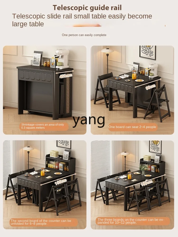 CX Solid Wood Stone Plate Dining Table Foldable Retractable Ultra-Thin Extremely Narrow Hidden Pull Black Retro Style