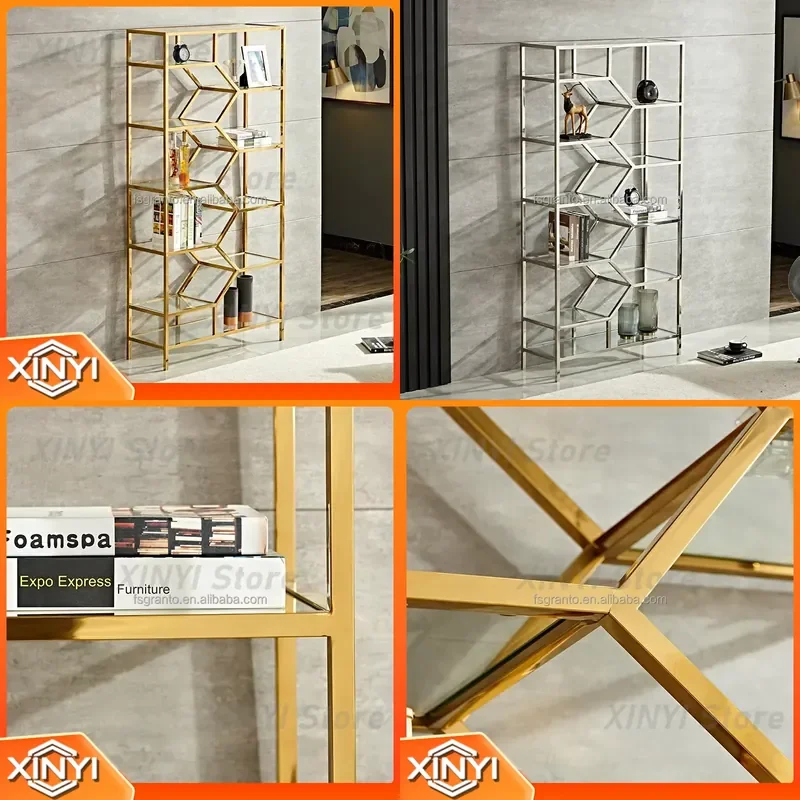 Custom Most Popular Wholesale Indoor Bookcase for Living Room Furniture Glass Top Gold Bookshelf for Home Office Bedroom