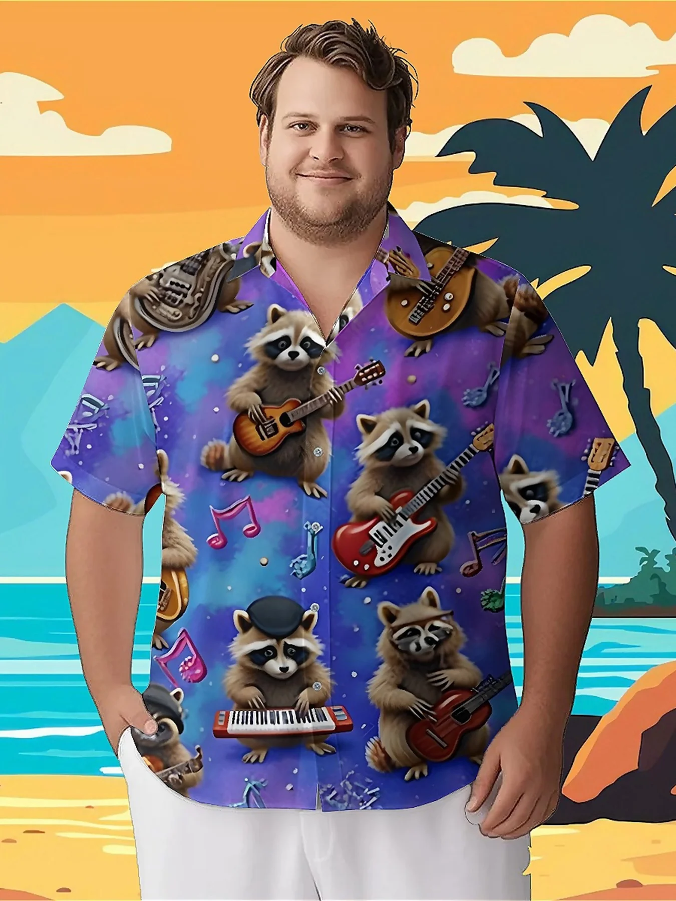 

Men's Plus Size Hawaiian ShirtsMusic Raccoon Band Themepattern, Button Up Shirts, Unisex Casual Clothing, Summer Tops