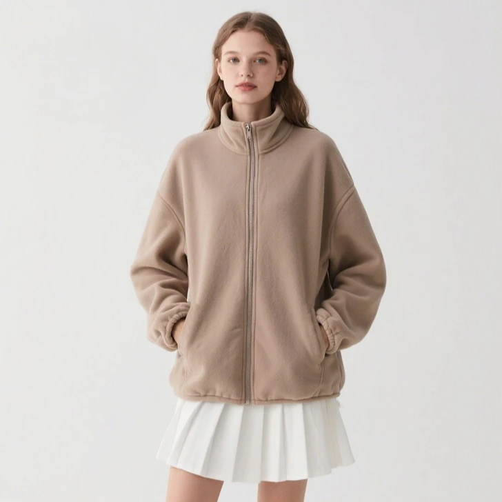 

Yaminiya 2025 Zipper Hooded Stand Up Collar Fleece Autumn and Winter Top Jacket Solid Color Loose Warm Women's Clothing New