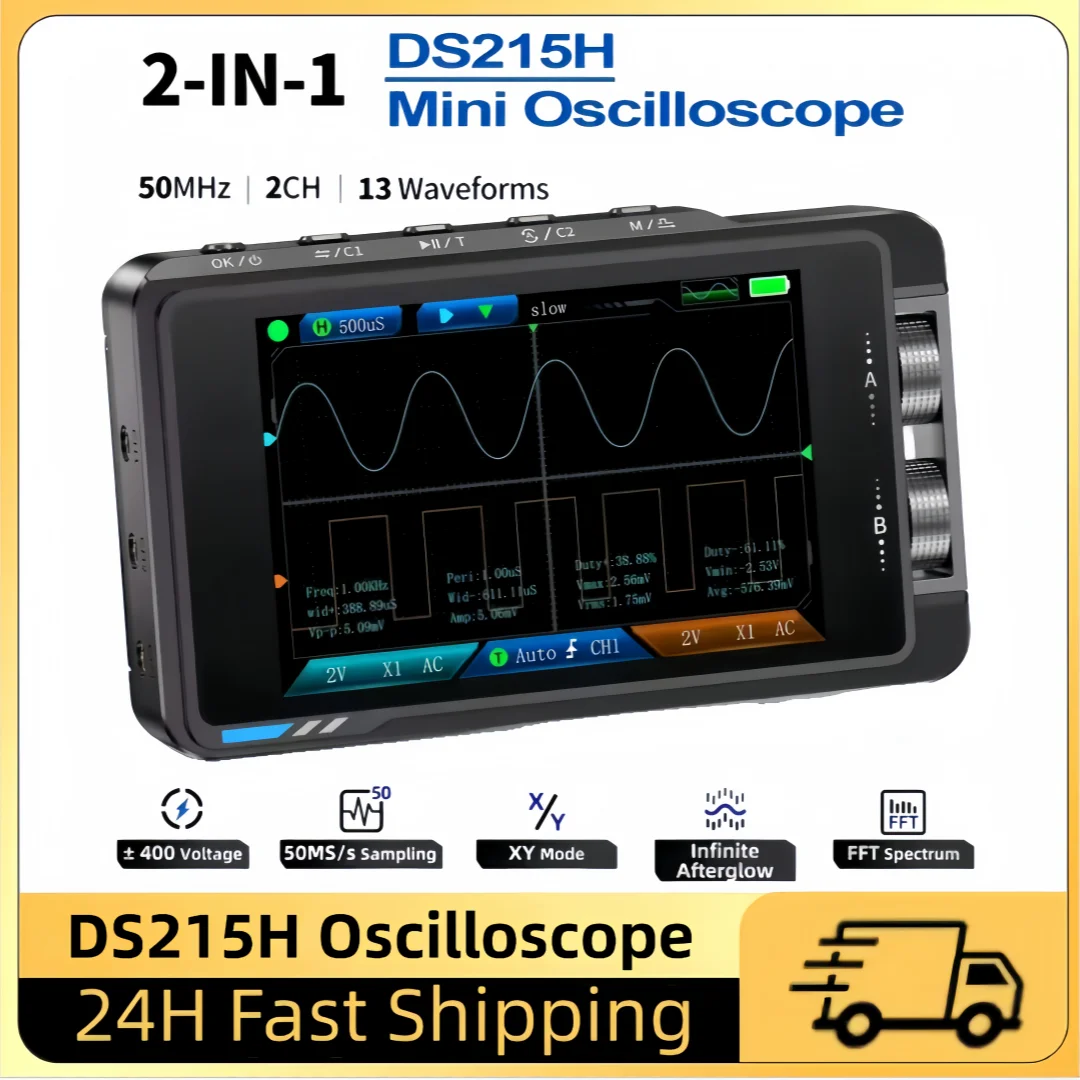

FNIRSI DS215H Handheld Mini Digital Oscilloscope 50M 250MS/S Dual CH 2-IN-1 HD Screen Signal Generator 400V High Voltage Protect
