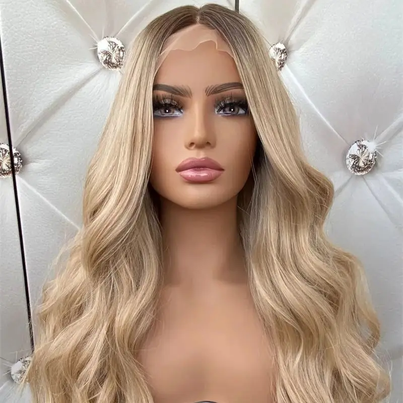 

Ombre Golden Blonde Balayage Wig Heat Resistant Fiber Synthetic Hair HD Lace Glueless Jewish Wigs for White Black Women Party