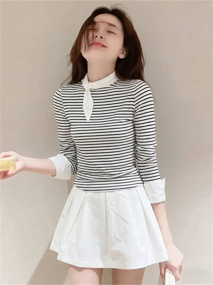 

Korean Style Women's Tie-Neck Striped Long Sleeve T-Shirt Set Spring New Design Half Skirt Fashionable Two-Piece Suit High Waist