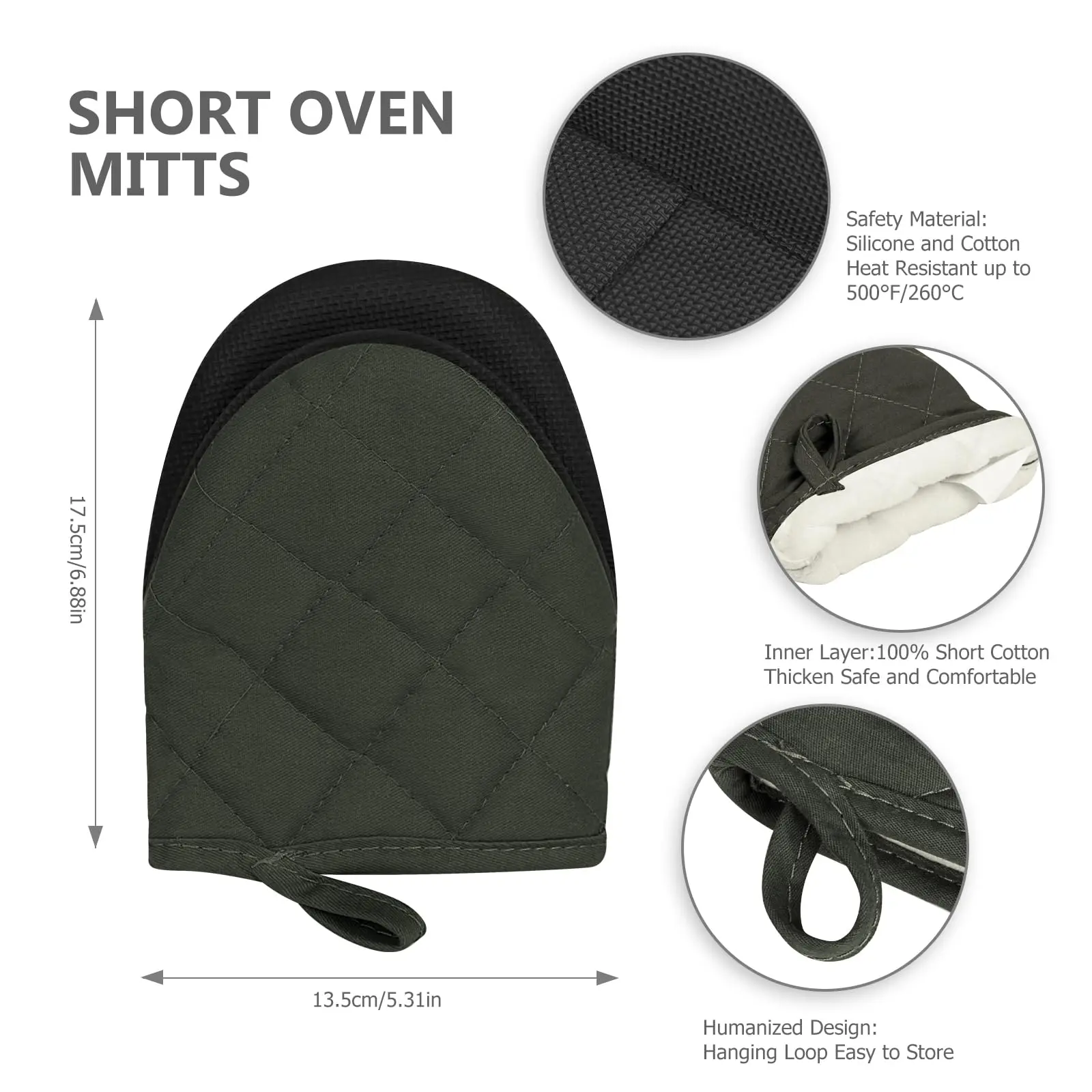 Short Oven Mitts,Heat Resistant,Silicone Grip Kichen Gloves,Non-Slip for Baking,BBQ, Machine Washable with Hanging Loop, 2-Pack