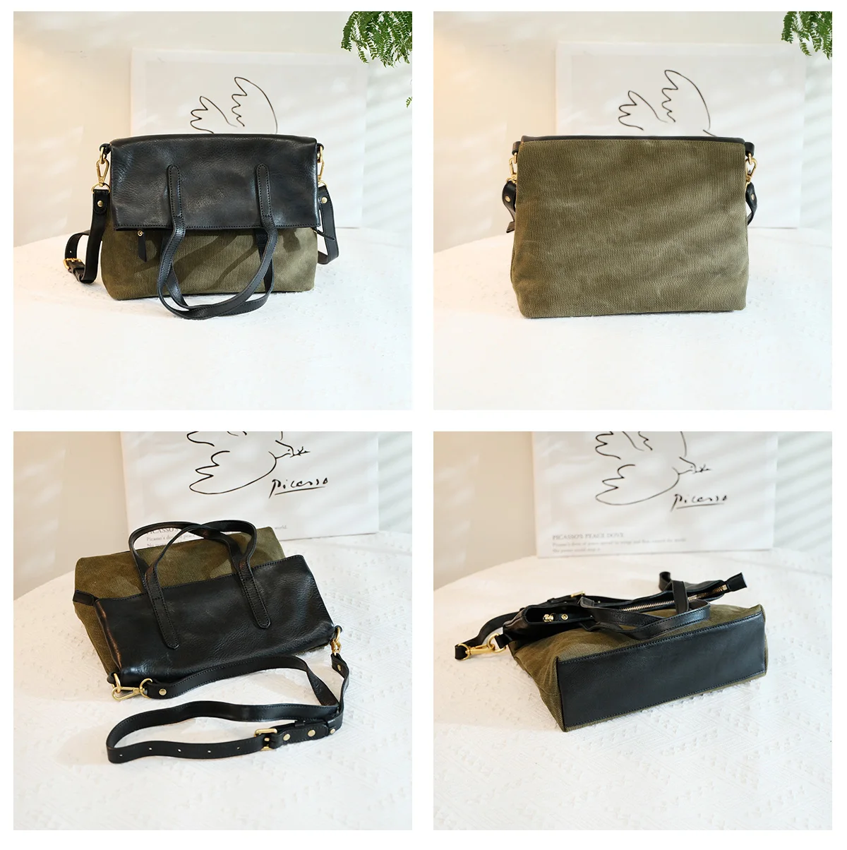 outdoor work travel handmade canvas cow leather women's large-capacity shoulder bag casual vintage designer crossbody bag