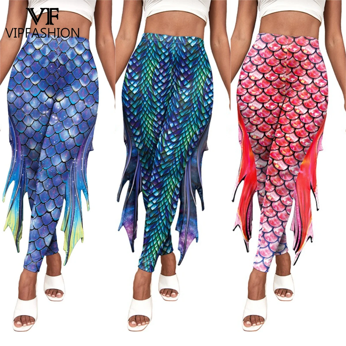 

VIP FASHION Pink Purple Women Mermaid Pattern Cosplay Leggings Fancy Sea Creature Costume Halloween Party Pants Festival Gifts