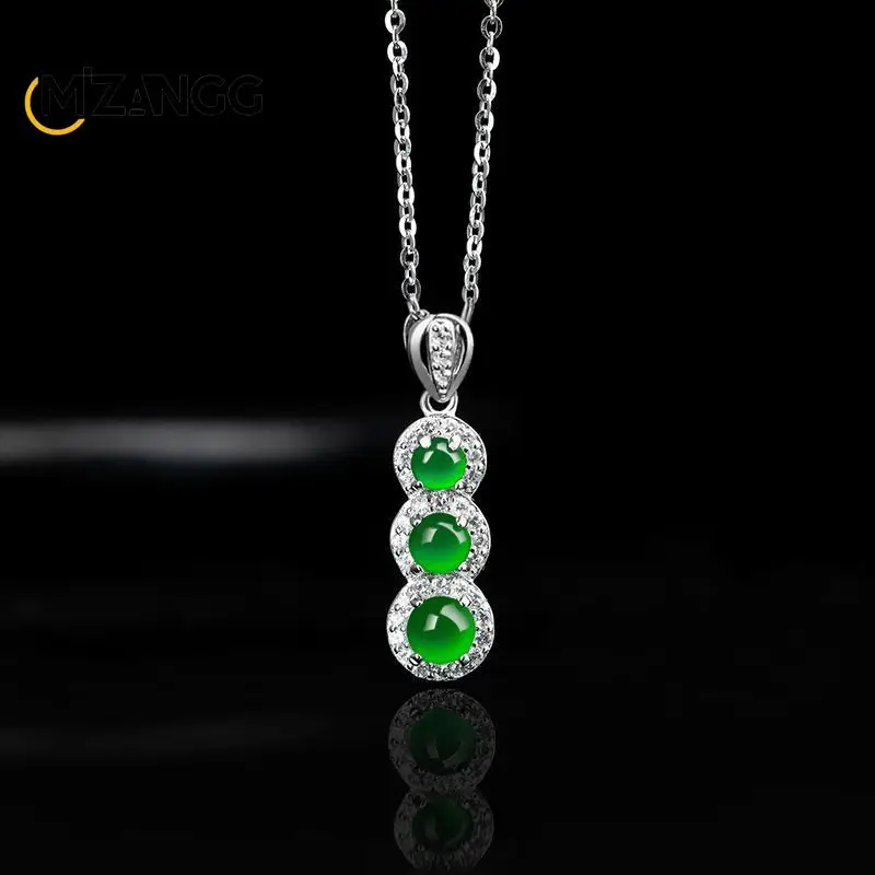 Natural Jadeite String Bean Pendant S925 Sterling Silver Setting Fashionable Luxury Ice-type Jadeite Necklace Ladies' Gift