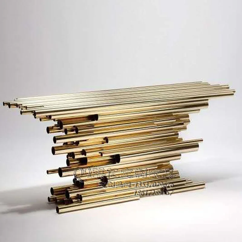 

Modern simple Italian high-end stainless steel entrance table metal strip case decoration table custom hotel villa furniture