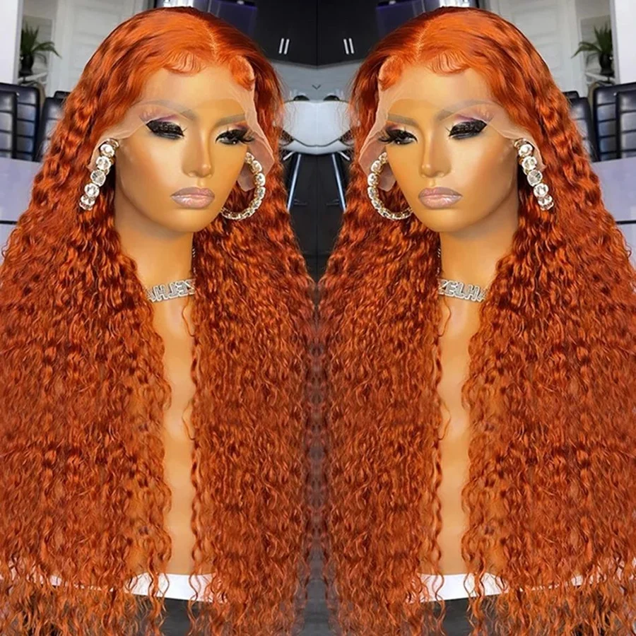 Orange Ginger 13x6 Transparent Deep Wave Lace Frontal Wig Colored Lace Front Wig Water Curly Human Hair Wigs for Women 100% Glue