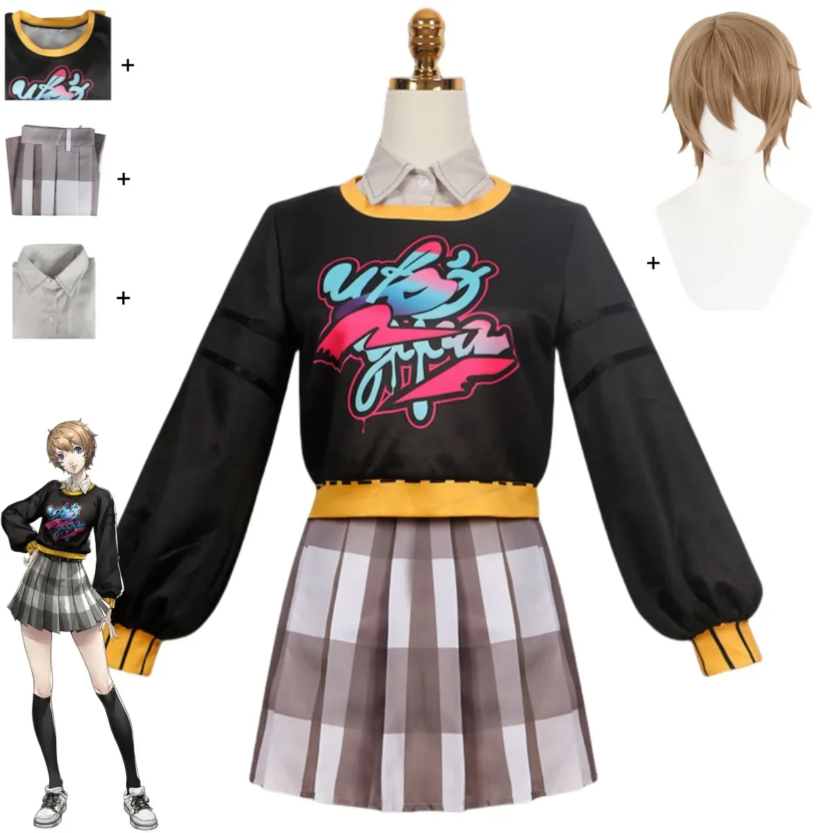 

Game The Phantom X Motoha Arai Cosplay Costume Hoodies Plaid Skirt Leisure Time Uniform Wig Woman Sexy Party Suit