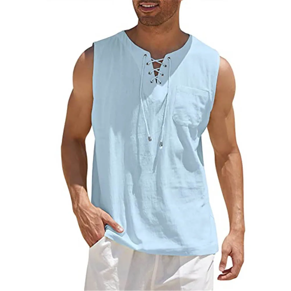 Men Summer Linen Tank Top Sleeveless T-Shirt Lace-up Design Solid Color Shirt Loose Fit Vest Daily Cotton Linen Vest Clothing