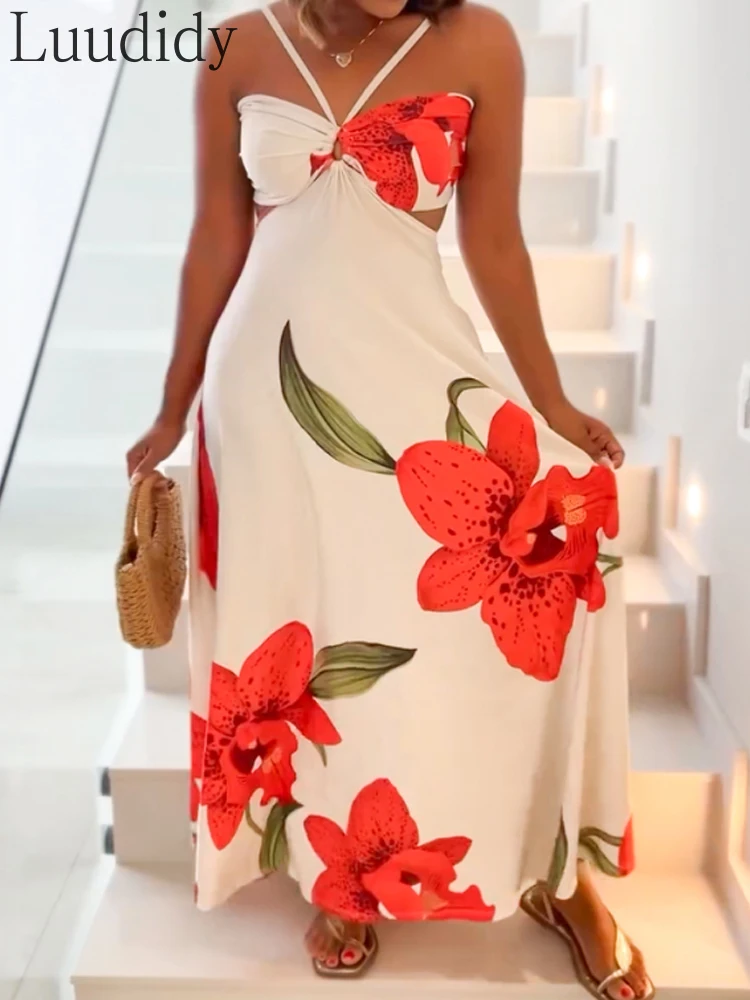 Women's Floral Print Halter Sleeveless Hollow-out Front Cami Dress Casual Cutout Waist Maxi Dress