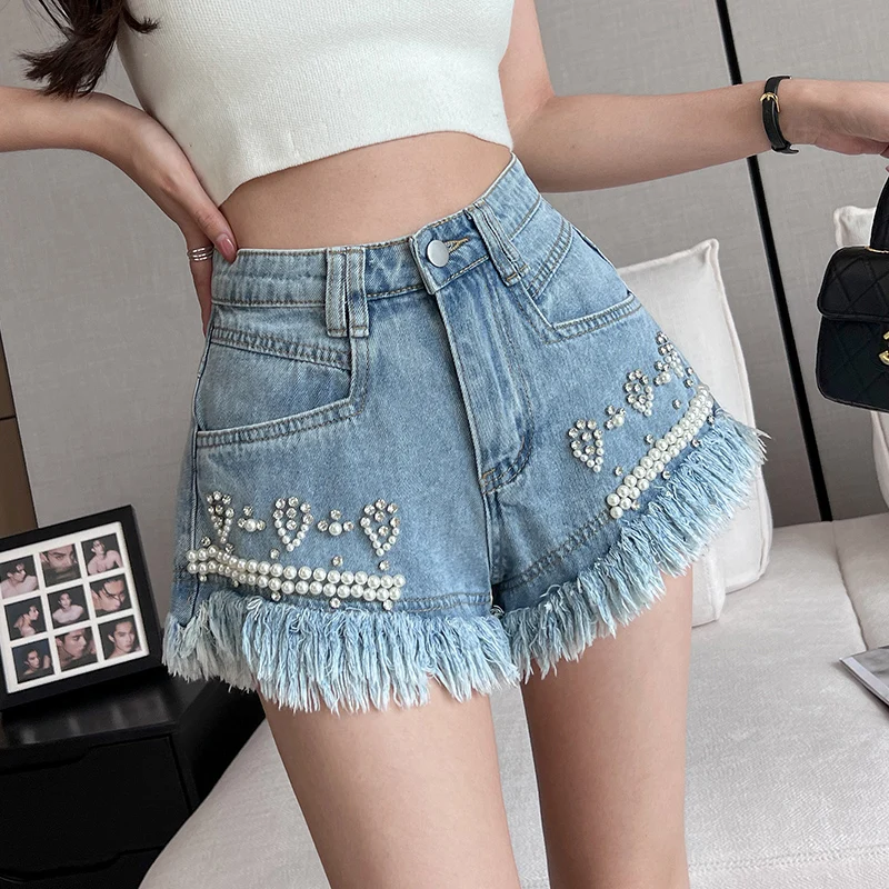 Casual Beading Denim Booty Shorts para mulheres, roupas femininas, cintura alta, forrado de pele, prolongado pelas pernas, roupas femininas sexy, B7647