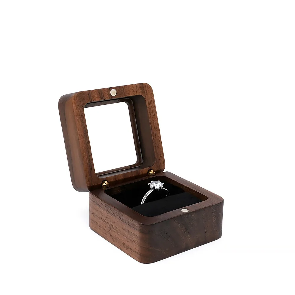 

Wooden Ring Organizer Case Window Open Square Earring Display Box Microfiber Lining Handmade Ring Display Box