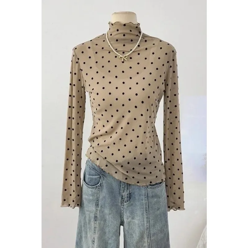 قميص أسود شبكي بياقة مدورة 2025 قميص نسائي جديد للخريف نحيف منقط داخلي بأكمام طويلة تي شيرت رفيع #3