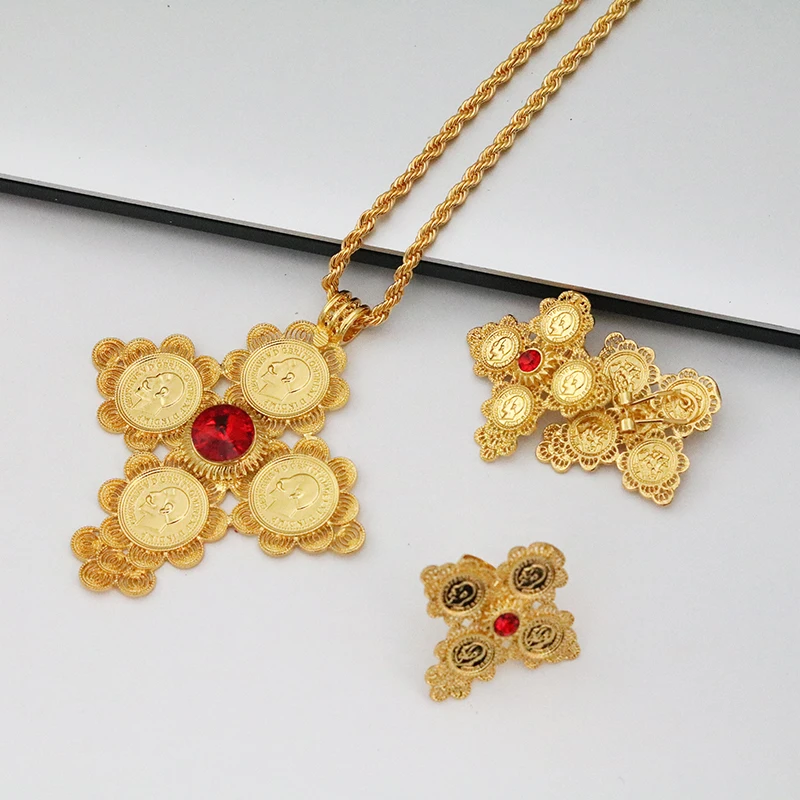 Dubai Ethiopian Cross Shape Gold Plated 3 Piece Jewelry Set Women Nigerian Luxury Necklace Jewelry Set Wedding Party Favors