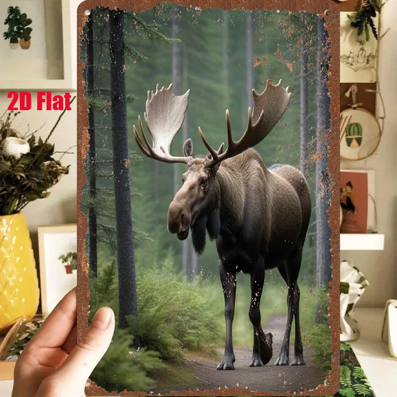 2D Flat - 1pc 2D[Flat] Metal Sign Retro Tin Painting: Magnificent Moose Walking in The Forest, 8X12 Inches/20X30 Cm, Suitable fo