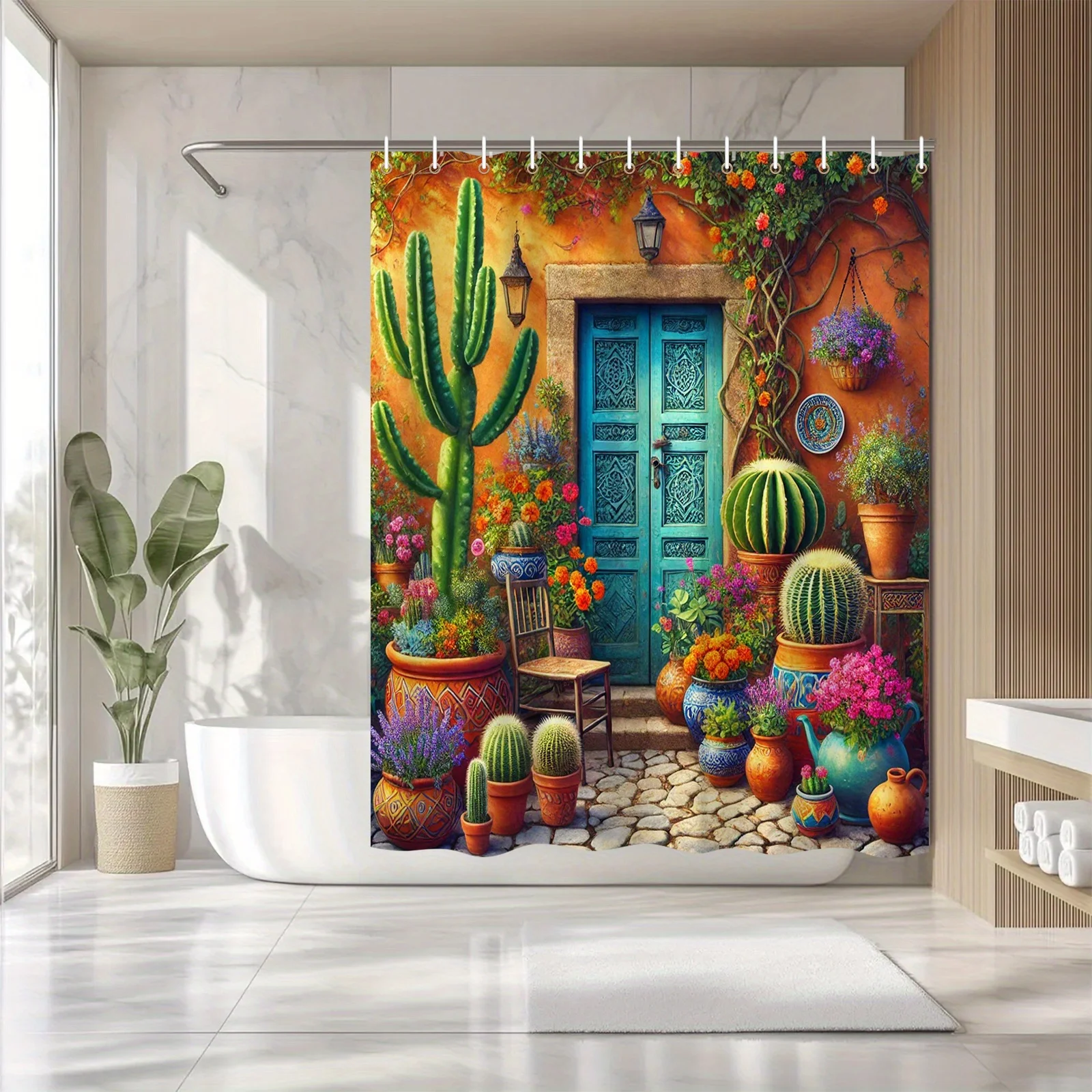 

"Vibrant Mexican Garden Shower Curtain with Cacti & Blue Door, Waterproof Decor for Boho Bathroom, Exotic Floral Design"