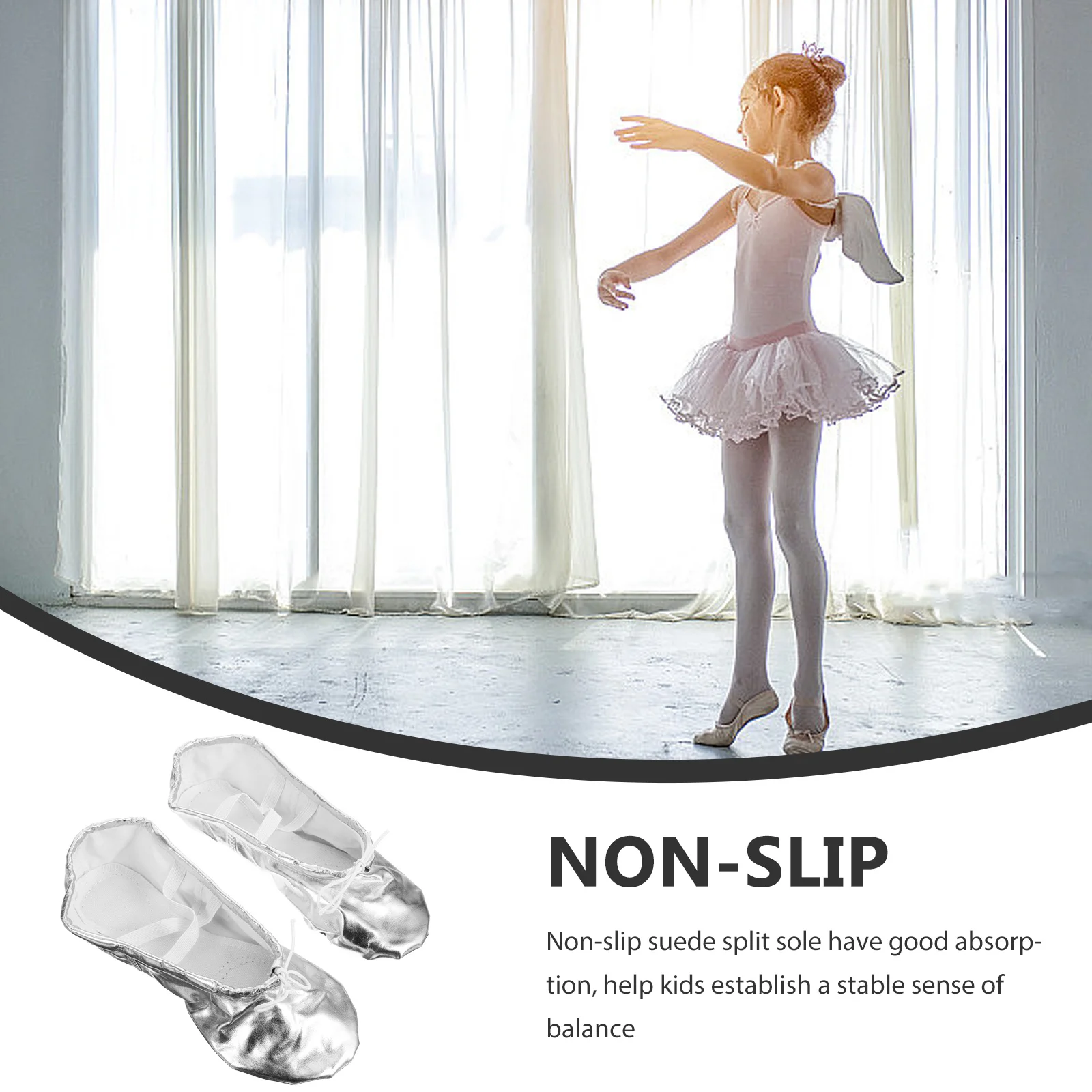 Sapatilhas de balé pu com sola antiderrapante, superfície brilhante para crianças, meninas, prática de dança de balé, prata, tamanho 34, sapatos de ioga para crianças